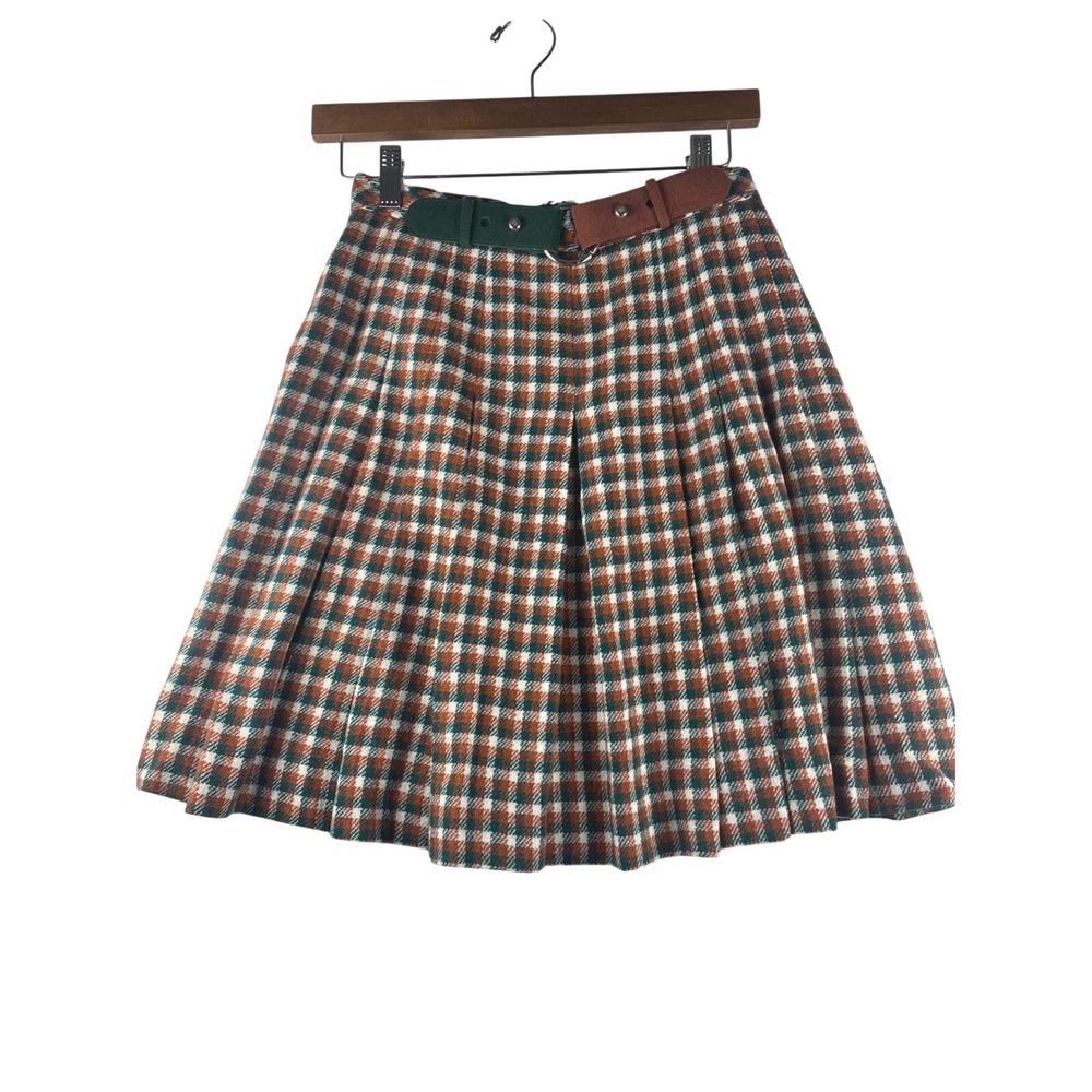 VTG  60s 70s Junior House Plaid Pleated Wool Skirt Belted Tartan Midi S